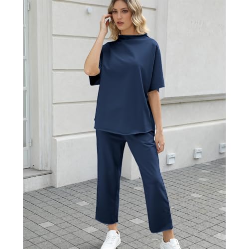 Image of SeeLuNa Women's Two Piece Outfits 3 /4 Batwing Sleeve Capelet Crew Neck Pullover Top Wide Leg Pants Lounge Set