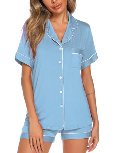 Image of Aamikast Button Up Pajama Set for Women Shorts Short Sleeve Knit Sleepwear 2 Pice Pjs Sets