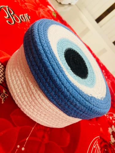 Image of Round Cotton Rope Evil Eye Storage Basket with Lid, Decorative Woven Storage Bin, Pot, Caddy, Organizer, Container for Snacks, Plants, 8x8x5 Inches Multicolor