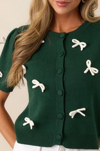 Image of Kedera Women's Casual Short Knit Bow Sweater Crew Neck Puff Sleeve Shirts Sweater Loose Blouses Tops