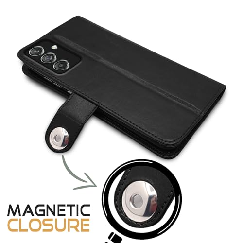 Image of Pikkme Flip Cover Leather Finish | Inside TPU with Card Pockets | Wallet Stand and Shock Proof | Complete Protection Button Flip Case for Samsung Galaxy M55 5G / M55s 5G / F55 5G (Black)