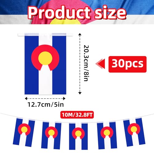Image of 32.8 ft Colorado Flag Banner, 30 Pcs Mini State String Flags, Red Blue White Gold Bunting for Colorado Day, Parades, Outdoor Events, Home, Garden, and Festival Decorations