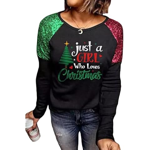 Earlymemb Womens Just A Girl Who Loves Christmas Tree Shirt Funny Raglan Sequined Splicing Sleeve Tee Xmas Family Party Tops Tops(L,X-Black) Cover