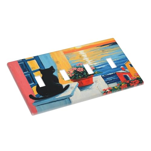 Decorative Switch Covers Plate Vintage Oil Painting Style Black Cat Sea Flowers 4 Gang Wall Plate Oversized Quad Toggle Light Switch Plate Jumbo Faceplate for Country Bedroom Decor