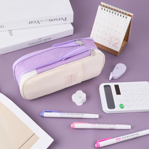 Image of iSuperb Foldable Pencil Case Zipper Big Capacity Canvas Pencil Pouch Cosmetic Organizers Pen Bag Makeup Bags for Women (Purple)