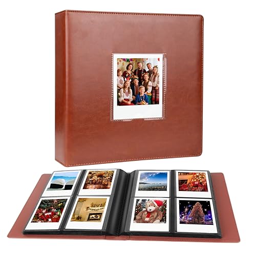 Álbum de fotos de 256 bolsillos para fotos instantáneas Polaroid i Type/600/SX 70, compatible con Fujifilm Wide 300/400, tapa dura de cuero vegano con ventana frontal (marrón)