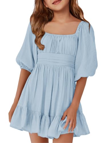 La mejor selección de Linternas volantes - solo los mejores. 43 Vestidos de verano para niñas, cuello cuadrado, manga linterna, lazo sin espalda, volantes, vestido corto de fiesta, Azul, 10-12 Años