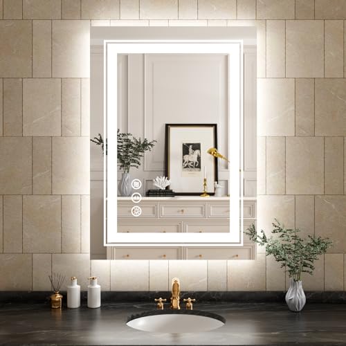 Image of WTTY LED Bathroom Mirror 20 inchx 28 inch with Backlit and Front Light,Dimmable LED Mirror for Bathroom,Anti-Fog Lighted Bathroom Vanity Mirror Modern for Wall,Memory Function,Shatter-Proof
