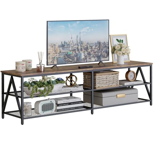 Image of 70 inch TV Stand for TVs up to 75 Inch with 3-Tier Storage Shelves | Brown Modern 70 inch Long Industrial TV Console Table, Entertainment Center for Living Room, Bedroom