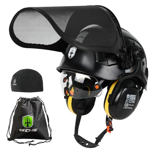 GREEN DEVIL Casque de protection pour tronçonneuse forestière - Certifié EN397 - Système 5 en 1 avec protection du visage en maille, visière intégrée et protections auditives - Ventilé, pour