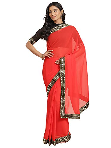 Image of AKHILAM Women's Lace Border Solid Georgette Saree with Unstitched Blouse Piece(Red CRNTON57001 M)