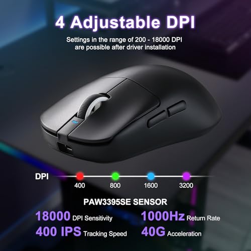 Image of R1 SE+ Gaming Mouse, 18000 DPI, High-Precision PAW3395SE Sensor,55g Lightweight,Three Connection Modes Wireless Mouse, Programmable Ergonomic Mouse Suitable for Laptops /PC /Mac (Black) | High-Precision PAW3395 SE Sensor,55G Lightweight,2.4G /BT5.0 /USB-C , Programmable Ergonomic Mouse Suitable for Laptops /PC /Mac