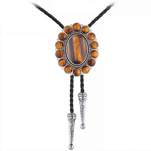 Image of GelConnie Bolo Tie for Men Women Western Cowboy Turquoise Leather Necktie | Natural Stone Bolo Tie Necklace for Women Rodeo Cowboy Leather Necktie Native American Western Cowgirl Ties Adjustable Cord