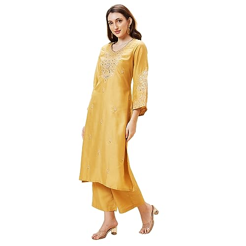 Image of Globus Women Red Embroidered V-Neck Yoke Gota Patti Flared Sleeves Festive A-Line Kurta Set with Trouser-3638464001