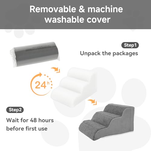 Image of 3-Step Sturdy Foam Dog Stairs with PE Support Board, Cover Removable, Pet Steps for Small to Medium Dogs & Cats, 13''H Dog Step for Sofa, Chair, or Stairs