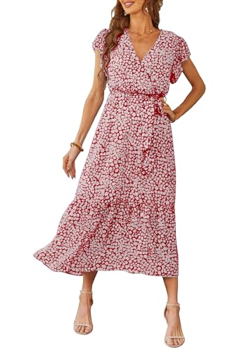 PRETTYGARDEN Women's Summer Floral Boho Maxi Dress Wrap Short Sleeve V Neck Ruffle A-Line Flowy Wedding Guest Long Dresses