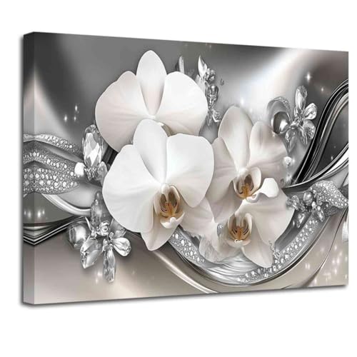 YMXDYMJSW Large Orchid Canvas Wall Art White Orchid Flowers Pictures Print Abstract Floral Painting White and Silver Flower Poster for Living Room Bathroom Decor (Black, (12L x 18W))