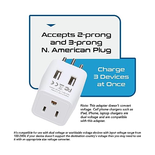 Image of Brazil Travel Adapter Plug by Ceptics with Dual USB - USA Input - Type N - Ultra Compact - Perfect for Cell Phones, Laptop, Camera Chargers, iWatch and More (CTU-11C)