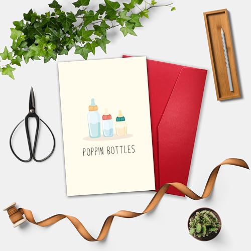 Image of Funny Baby Shower Card - 'POPPIN BOTTLES' Cute Newborn Gift Card for New Parents, Gender Neutral Baby Announcement