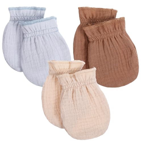 Image of FNANJWQ Muslin Mittens No Scratch, 3 Pairs 100% Cotton Mitts Soft Breathable Gloves, Elastic Wrist Organic Clothes, First Time Mom Essentials Registry Must Haves