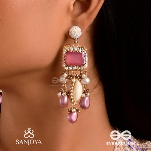 Image of SANJOYA by EVERSTYLISH Kundan Earrings for Women | Pearl, Shell & Pink Gem Dangler Earrings | Ethnic Jewelry for Weddings, Festivals & Special Occasions