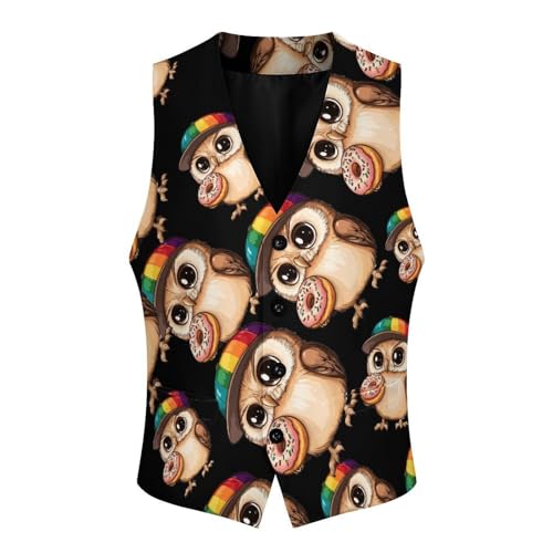 Owl Eats Doughnut Men's Suit Vests Business Formal Dress Vest V-Neck Waistcoat for Wedding Casual4