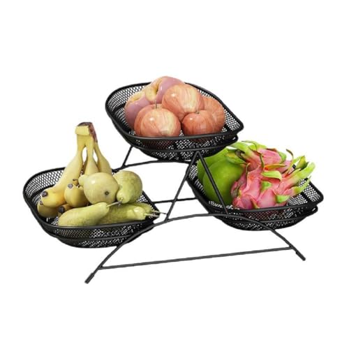 JUNYFFF Fruit Bowl, Tiered Fruit Basket – 37X23x20cm – Modern Fruit Bowl Large 3 Tier – Fruit Basket Etagere in Metal for Keeping Fruit, Vegetables And Bread,Black