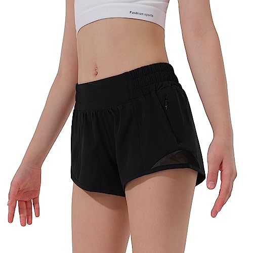 Aurefin Girls Athletic Shorts, Lightweight Running Shorts for Teen Girls Kids Sports Active Shorts with Zip Pocket and Elastic Black/M