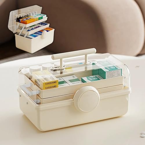 Image of HoopVool Clear Plastic Medicine Storage Box Organizer, Family Emergency Kit Portable Lockable Container for, Art Craft and Cosmetic Household Organizer (Cream, First Aid Box)