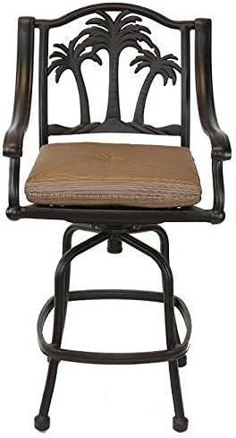Palm Tree Outdoor Patio Set 4pc Swivel Barstools 30" H Dark Bronze Cast Aluminum, Walnut Cushions
