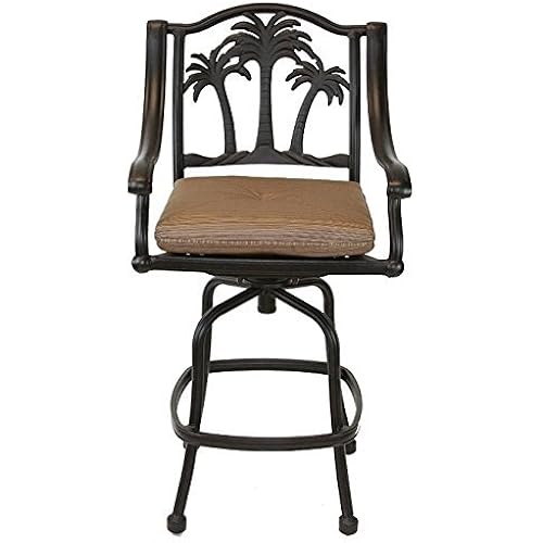 Palm Tree Outdoor Patio Set 4pc Swivel Barstools 30" H Dark Bronze Cast Aluminum, Walnut Cushions