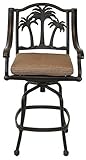 Palm Tree Outdoor Patio Set 4pc Swivel Barstools 30' H Dark Bronze Cast Aluminum, Walnut Cushions