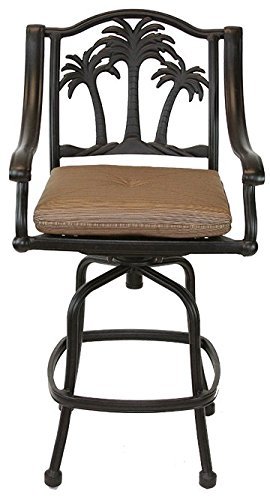 Palm Tree Outdoor Patio Set 4 Pc Swivel Bar Stools Dark Bronze Cast Aluminum (30", Sunbrella Sesame) #TOP5