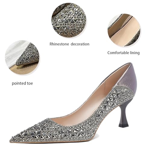 Women Sparkling Rhinestone Pointy Toe Mid Heel Pumps Fashion Closed Toe Slip On Comfort Kitten Heel Dress Shoes for Wedding Party Dating Office Work4