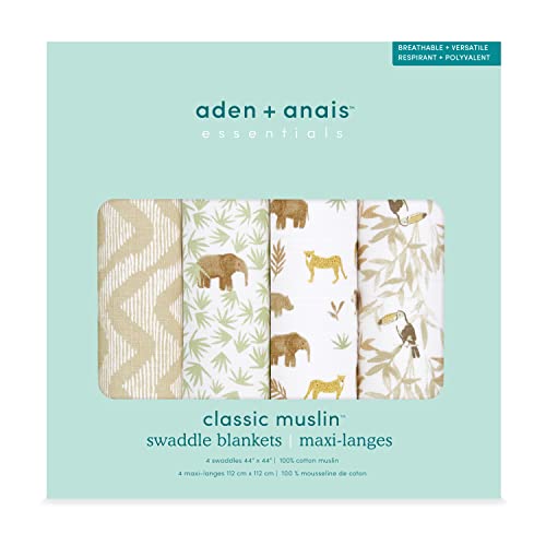 Image of aden + anais Essentials Muslin Swaddle Blankets for Baby Girls and Boys, Newborn Receiving Blanket for Swaddling, 100% Cotton Baby Swaddle Wrap, 4 Pack, Tanzania