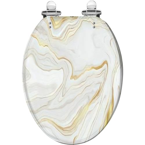 Elongated Toilet Seat Luxury Gold Marble texture Panoramic Marbling texture Resin Toilet Seat with Quietly Close Quick Release Hinges Decorative Toilet Seat with Cover Easy to Clean and Install