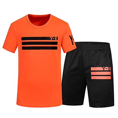 xzbailisha Men's Summer 2 Piece Outfits Letter Print Crewneck Short Sleeve T-Shirts & Shorts Tracksuit Orange
