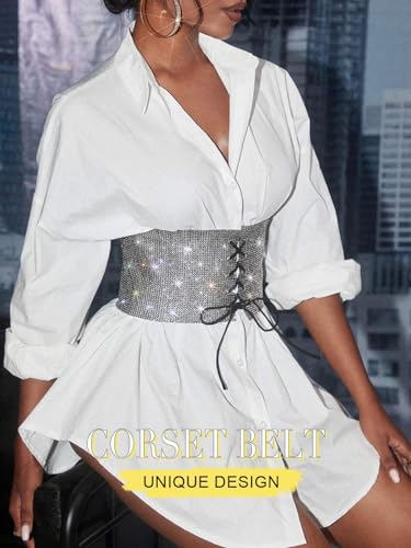 Asooll Sparkly Rhinestone Corset Belt Lace Up Wide Waist Belts Party Club Dress Belt for Women2