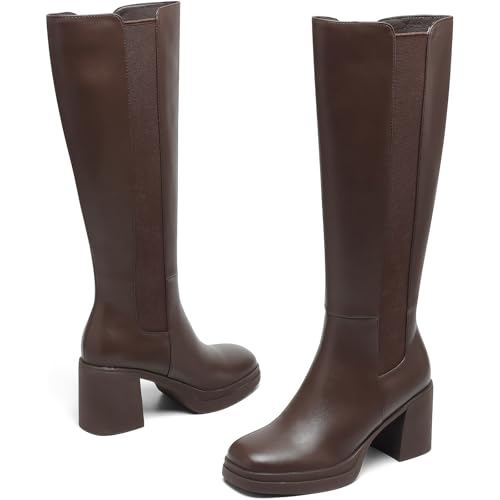 Knee High Boots for Women Square Toe Side Zipper Boots with 3 Inch Chunky Block Heel and Platform Stretch Elastic Fall Tall Boots for Casual Comfort and Daily Wear3