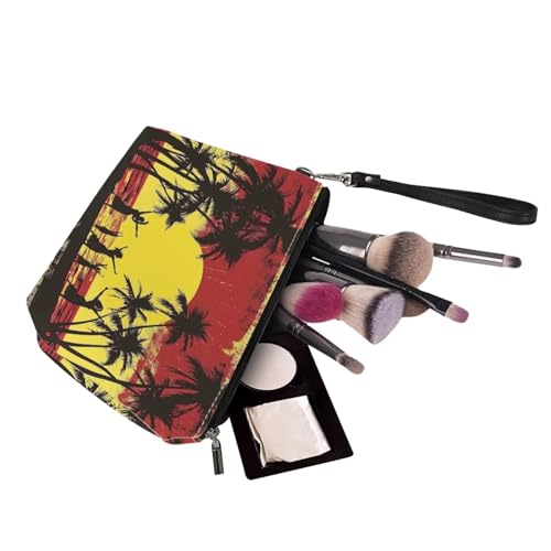 Image of Palm Tree Shoulder Tote for Women, Sunset Large Purse Set with Matching Make Up Bag, Satchel Hobo Bag for Travel, Working