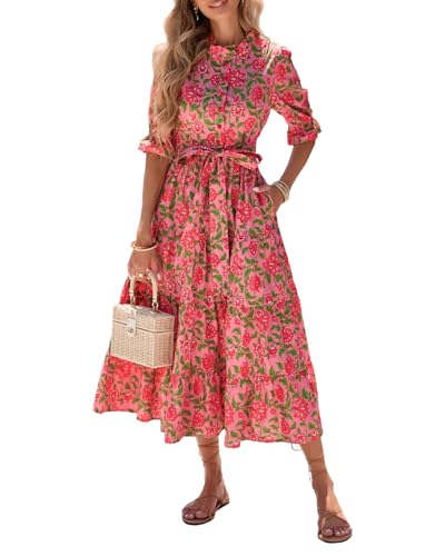 Women's Floral Printed Stand Ruffle Collar Midi Dress Half Sleeve Button Down Flowy Belted Beach Vacation Dress