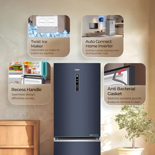 Image of Haier 325 L 3 Star Frost Free Triple Inverter Bottom Mount Refrigerator, Digital Touch Display & 2X Bigger Fresh Storage (HEB-333GBA-P, Graphite Black, 14 In 1 Convertible Modes, 2026 Model)