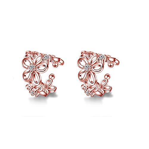 CZ Flower Cuff Wrap Clip On Hoop Earrings for Women Non Piercing Ear Cartilage Dainty Hoops