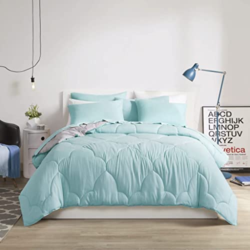Image of Comfort Spaces Vince Reversible Bed In A Bag - Trendy Casual Geometric Quilted Cover, All Season Down Alternative Cozy Bedding, Matching Sham, Full, Reversible Aqua /Gray 9 piece