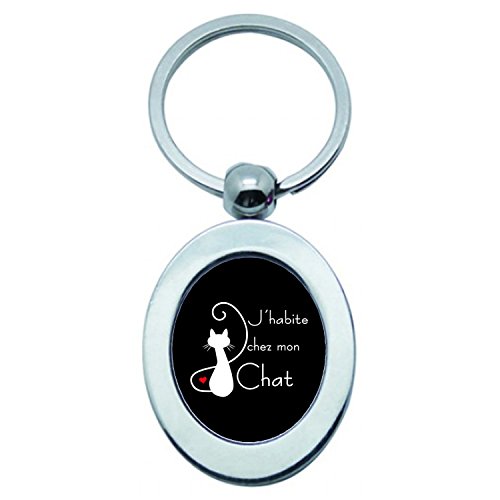 YONACREA - Porte-Clé Ovale Métal Argenté - J'habite chez mon Chat - Noir
