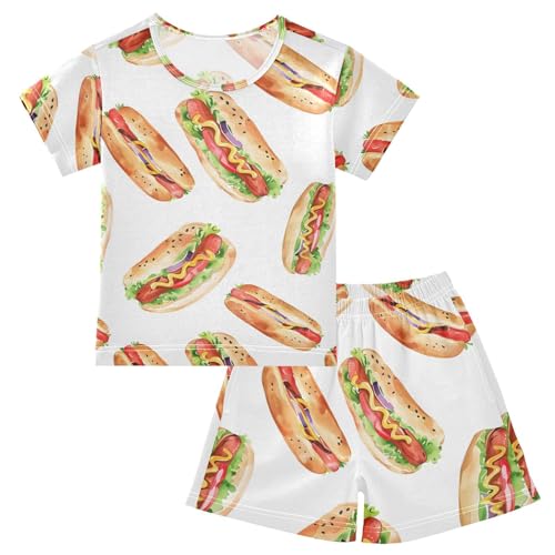 ALAZA Hotdog Watercolor Pajamas Short Sleeve 2 Piece Sleepwear Top and Bottom Pajama Set Unisex