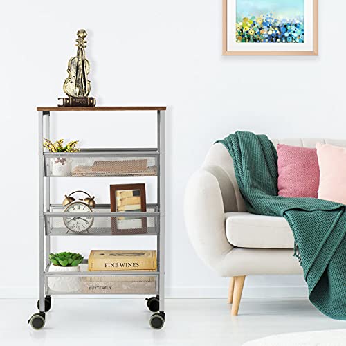 Sehertiwy Kitchen Island Cart On Wheels, 4-Tier Rolling Storage Microwave Rack With Wooden Shelves, Lockable Utility Cart With Mesh Baskets For Narrow Space In Dining Room Bathroom, Silver #TOP1