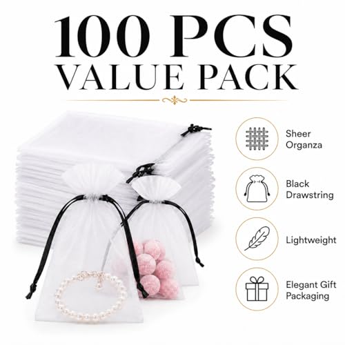 Image of Hopttreely 100PCS White Organza Bags with Black Drawstring, 4x4.72 Inch Small Gift Bags for Jewelry Candy Goodie Treat Sachet, Mesh Gift Bag Drawstring for Wedding Graduation Baby Shower Party Favors, Gifts Wrapping Supplies