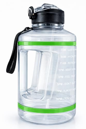 ALCOACH 2.2L Sports Water Bottles With Material BPA Free And Leakproof Half Gallon Motivational Big Water Jug with Time Marker for Fitness Gym Sports And Camping. (White&Green)