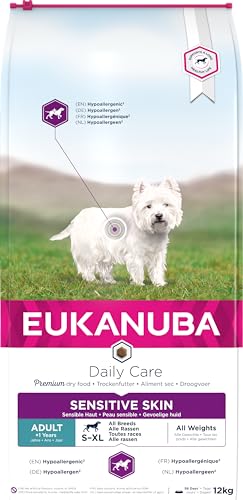 EUKANUBA Daily Care Sensitive Skin - hypoallergeen* droog premium hondenvoer met vis voor volwassen honden met een gevoelige huid, voor alle rassen, 12 kg